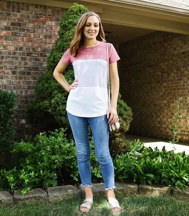 reviewer rocking the colorblock top