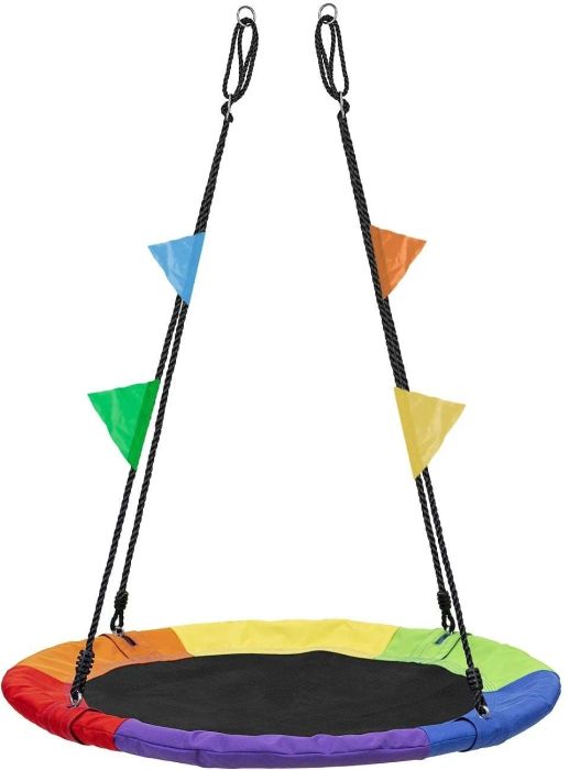 The rainbow saucer swing, a colorful addition to any outdoor space.