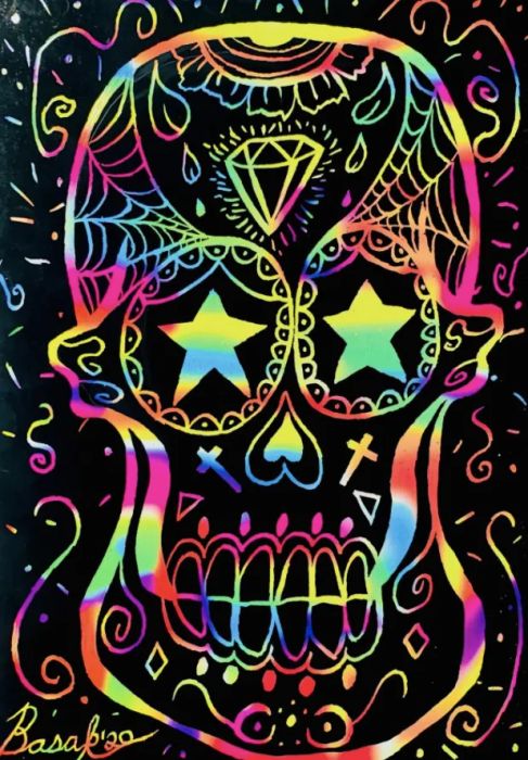 A reviewer’s intricately designed sugar skull illustration.