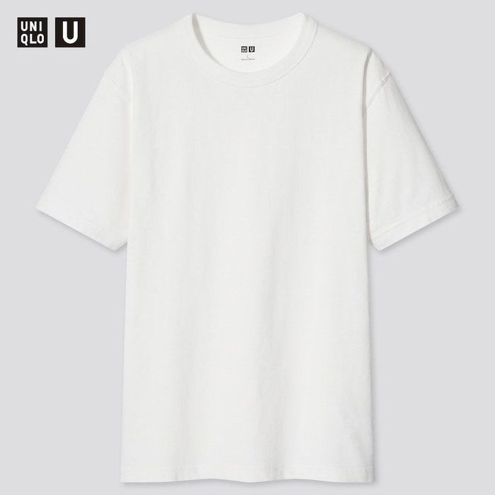 A product image of the white t-shirt with the Uniqlo logo positioned in the upper left corner.