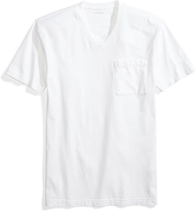 A product image showcasing the white shirt featuring a pocket.
