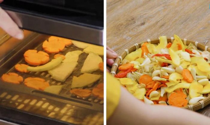 Sắp xếp rau củ đã ráo nước vào nồi chiên không dầu và sấy ở 120°C trong 15 phút.