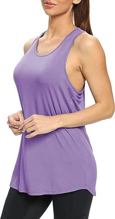 A model wearing the tank in a vibrant purple hue.