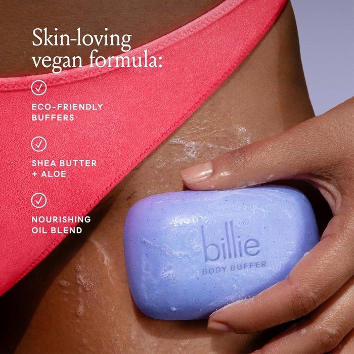 Close-up of a hand holding a Billie body buffer soap bar against the skin, showcasing eco-friendly and nourishing ingredients
