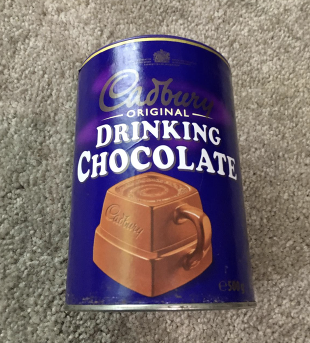 A customer's snapshot of the Cadbury drinking chocolate canister
