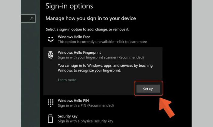 Cài đặt vân tay làm mật khẩu cho laptop