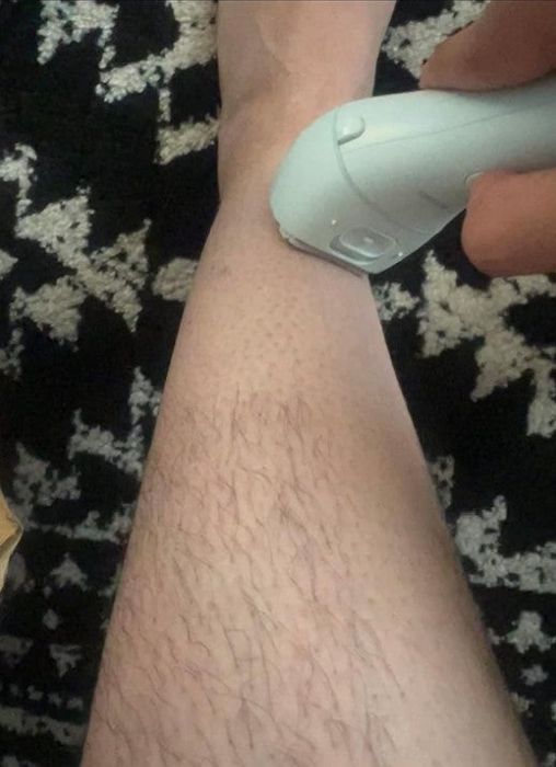 A reviewer’s photo captures them using the Panasonic electric shaver on their leg. In the words of Pokémon: it’s super effective!