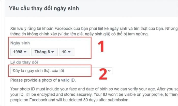 Lựa chọn lý do thay đổi là Đây là ngày sinh thật của tôi