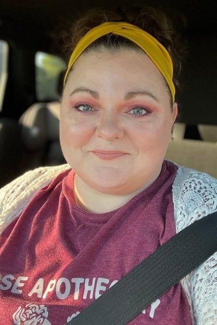 Reviewer wearing the twist-front headband.