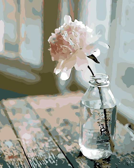A painting of a single pink flower in a clear jar resting on a rustic kitchen table