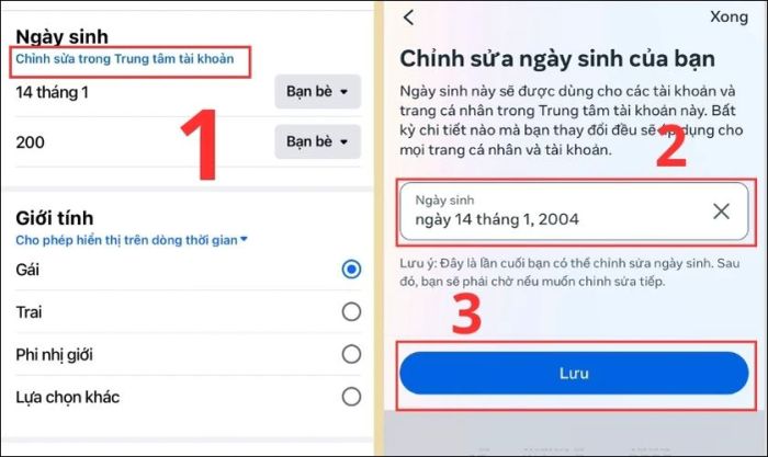 Nhấn vào mục Chỉnh sửa, thay đổi thông tin ngày sinh và bấm Lưu