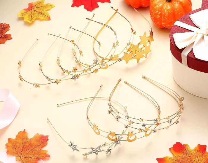 The collection of gold and silver headbands.