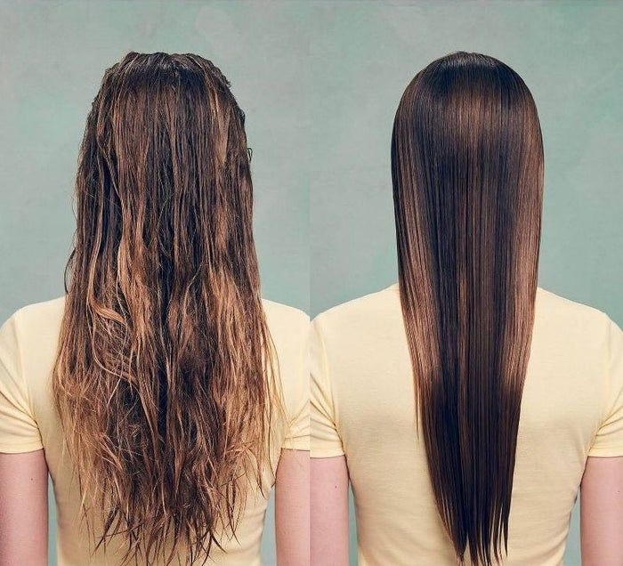 A person showcasing before and after pictures of their hair transformation