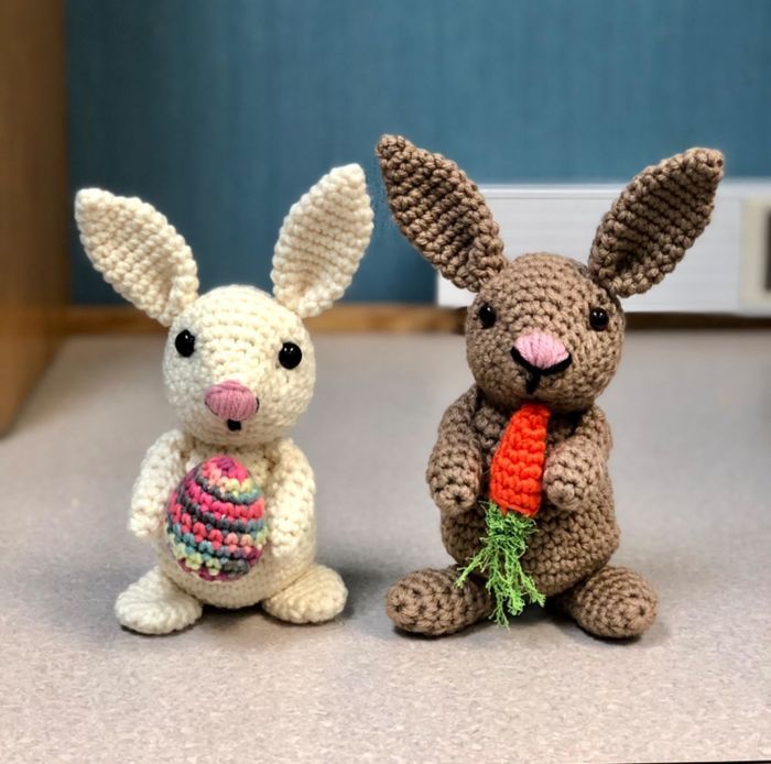 Reviewer’s photo of two charming crochet bunnies.