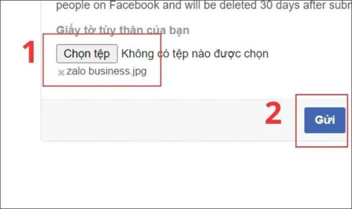 Bạn cần tải ảnh chụp CCCD/CMND và chọn Gửi để chờ phản hồi từ Facebook.