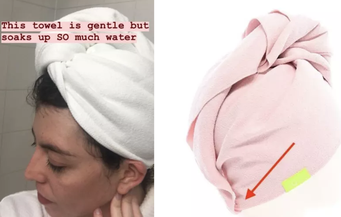 The left photo shows a reviewer with a towel wrapped around their hair, accompanied by the caption 