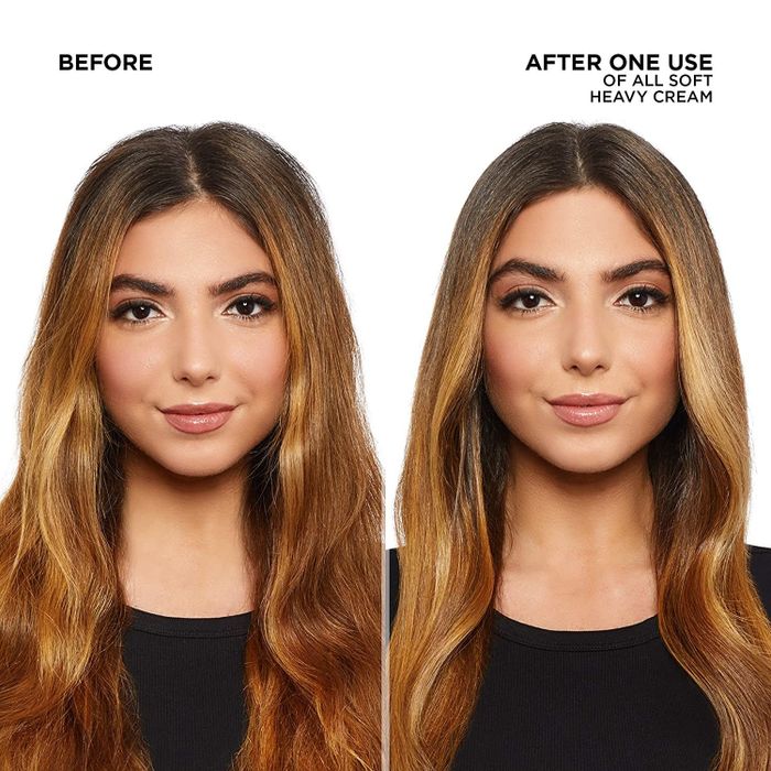 Before and after of a model with frizzy hair, then smooth hair after using the product.