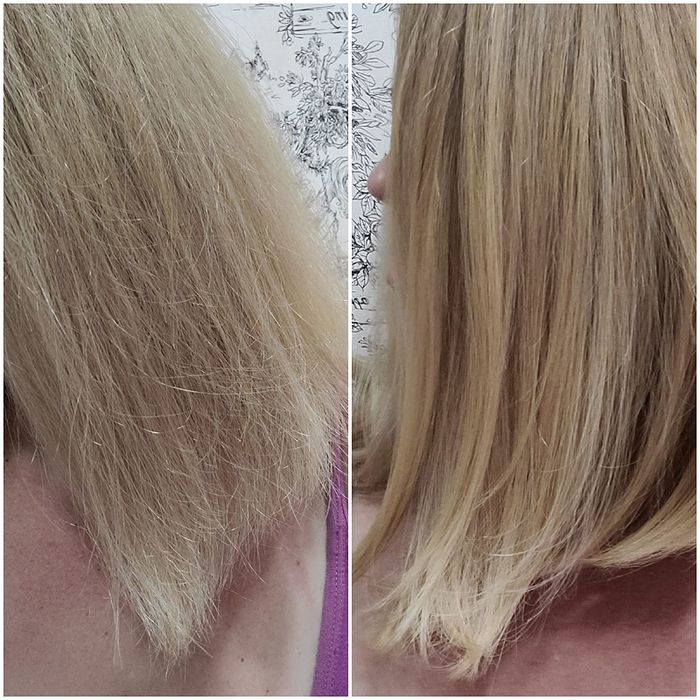 a before-and-after shot of frizzy hair turning smooth after use