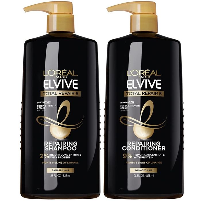 Two bottles of L'Oréal shampoo and conditioner