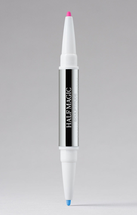The lip liner featuring one pink end and one blue end.