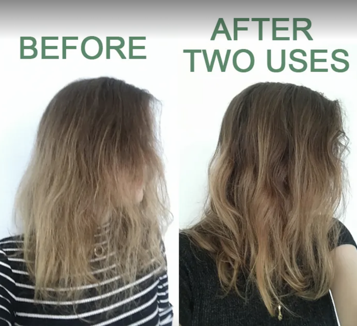 A side-by-side comparison showing Mytour editor's dry, frizzy hair transforming into smoother, healthier hair after two applications