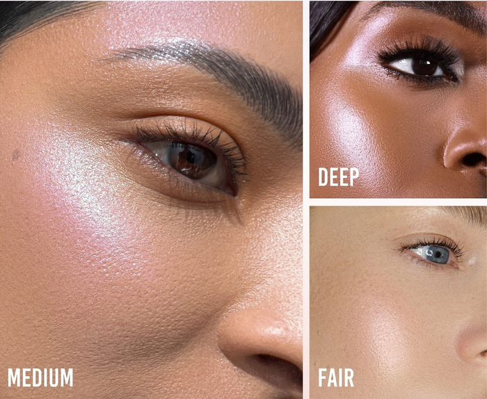 Three models with varying skin tones, each showcasing the highlighter in the same shade