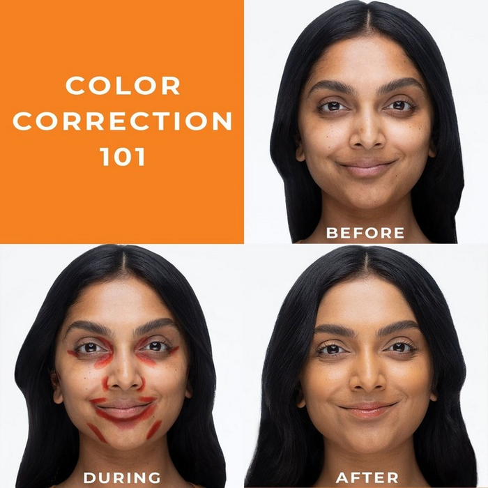 a model before, during, and after using the multistick as a color corrector