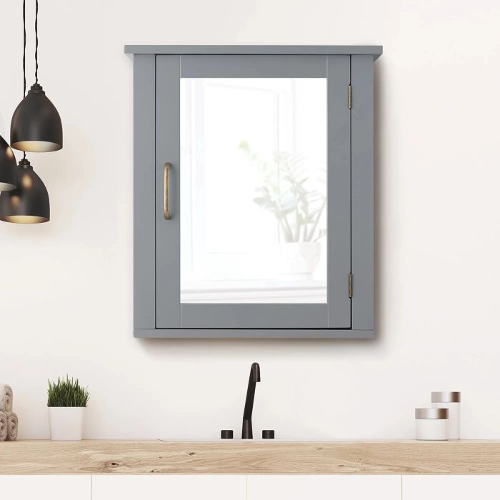 the sleek mirrored cabinet with a modern gray finish