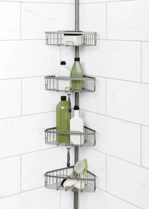 a gray corner shower caddy featuring four spacious shelves