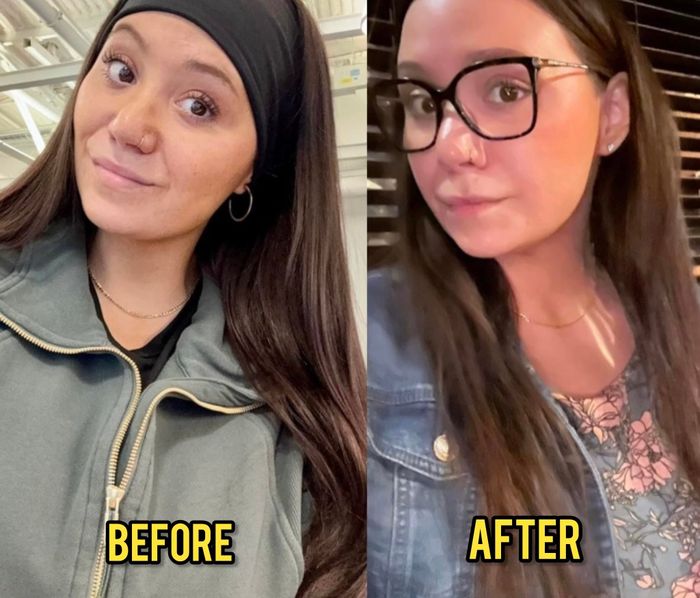 Side-by-side before and after photos of a woman’s stunning makeover, highlighting her style transformation for a shopping spree.