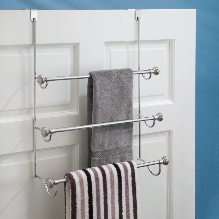 A practical towel rack designed to hang over the shower door.