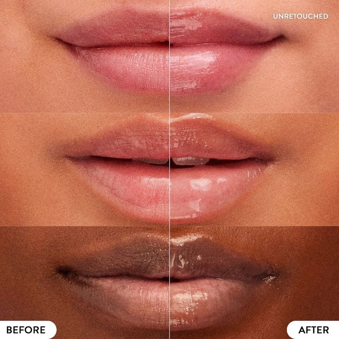 A set of before and after photos showing the effect of the lip mask on fair, tan, and dark skin tones.