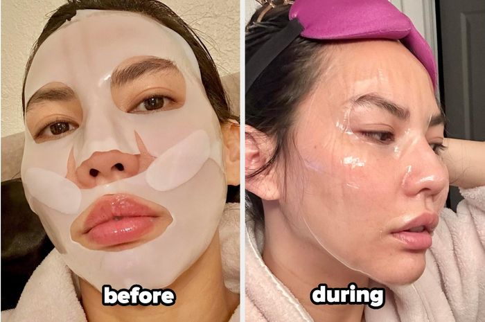 The reviewer before and while wearing the face mask, which transitions from a milky white to a clear finish as it works its magic.