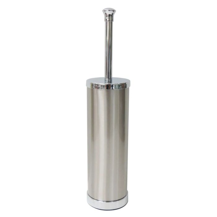 a silver-toned toilet brush with a matching holder