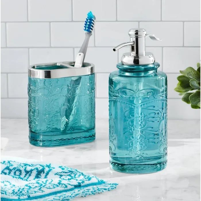 The teal bathroom organizer placed on the counter