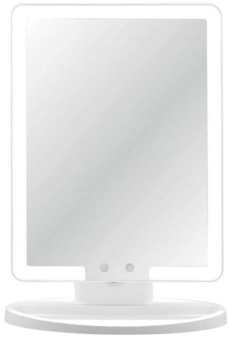 a clear and silver-framed makeup mirror