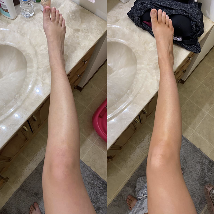 A reviewer's photo showing pale skin before using the tanning drops, followed by the same leg with a golden tan