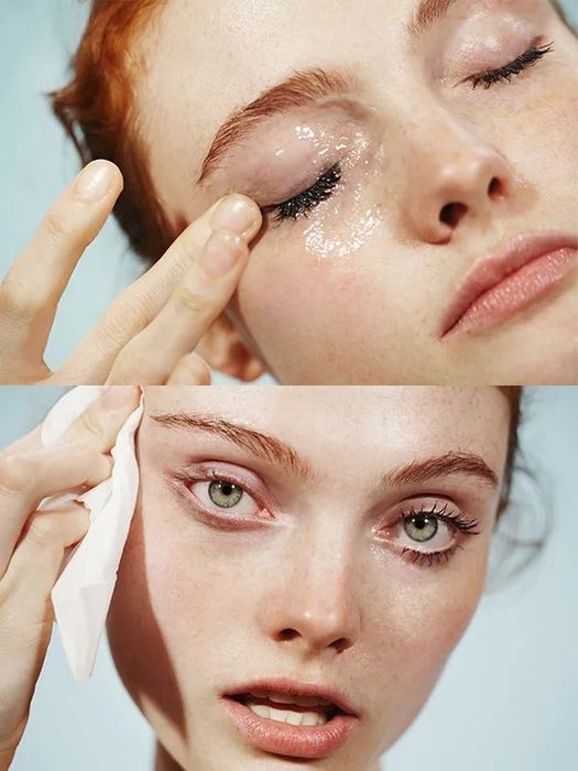 from top to bottom: a model applies the cleanser to their eyelids, followed by the same model removing eye makeup with a cloth