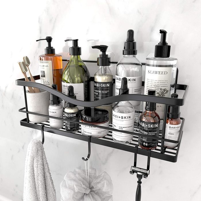 A stainless steel shower basket shelf with convenient hooks