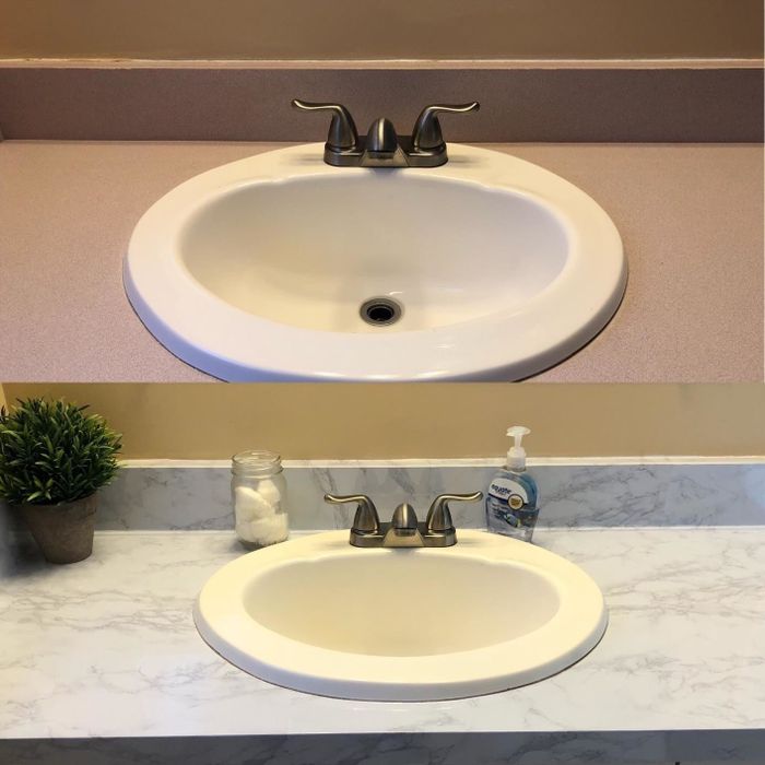 The before and after transformation of the reviewer’s bathroom vanity using the faux marble contact paper.