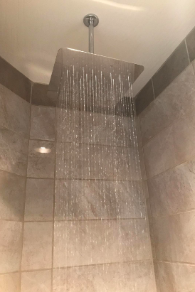 A shot from below showing the spout, which is mounted from the ceiling.