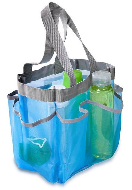 A blue and clear shower tote bag filled with a variety of shower essentials.