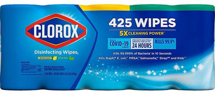 A set of Clorox wipes in blue packaging.