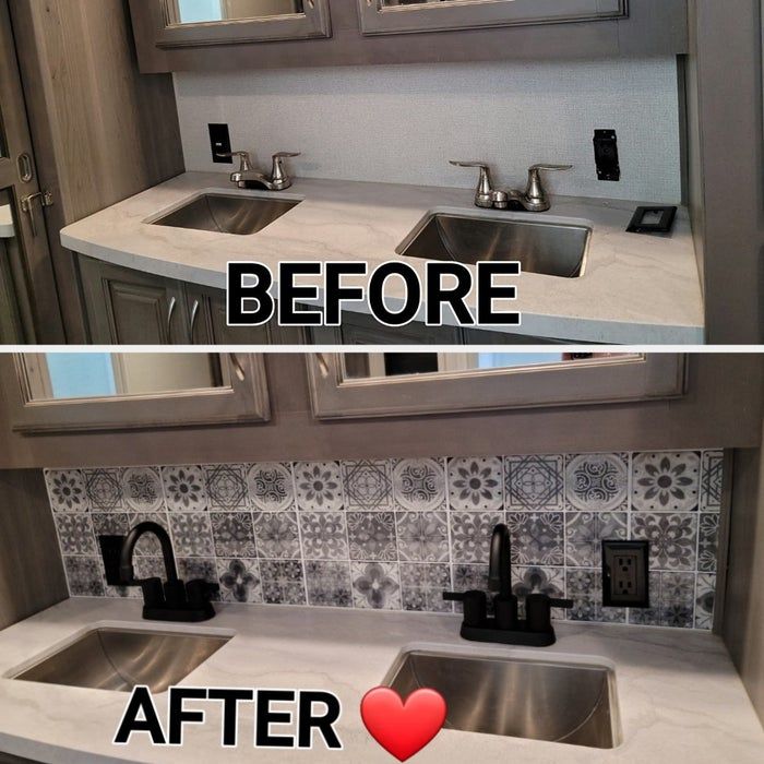 Before and after images of the bathroom backsplash transformation