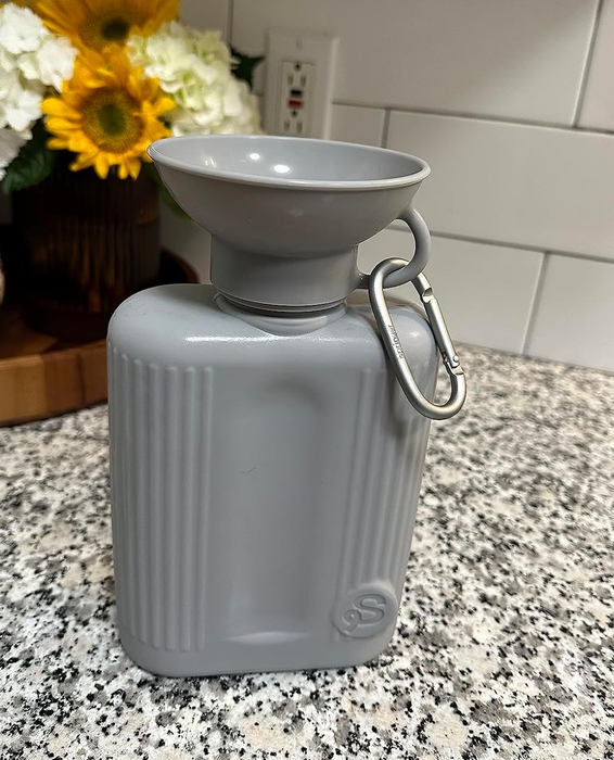 A photograph captured by a reviewer showing the bottle in a sleek gray shade.