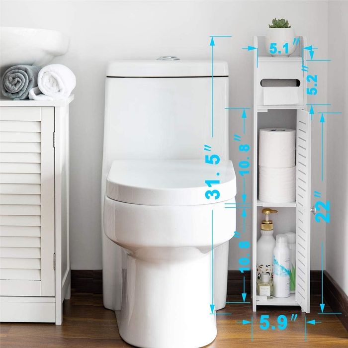 The floor cabinet with the doors open, showcasing the dimensions outlined.