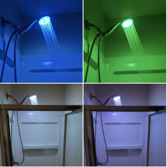 The reviewer showcases a series of photos featuring a color-changing shower head in a bathtub.
