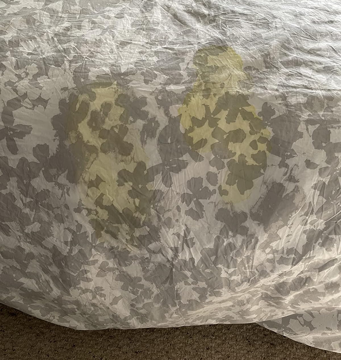 A reviewer's photo of a comforter with visible stains.