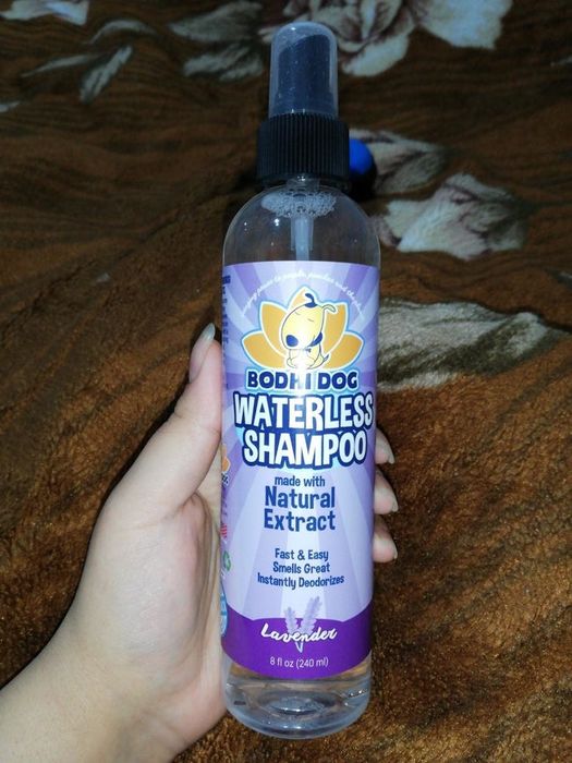 A reviewer's photo of a hand holding the spray bottle of dry shampoo.
