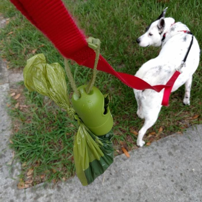 A reviewer's image depicting a securely tied full poop bag attached to a dog leash.
